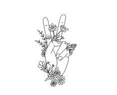 a drawing of a hand with flowers on it and two fingers making the peace sign