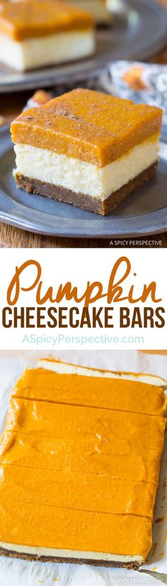 pumpkin cheesecake bars on a plate with text overlay