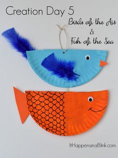 two paper plates with fish on them and the words creation day 5 birds off the air and fish off the sea