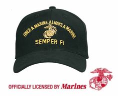 Once a Marine Always a Marine Ball Cap This is a beautifully embroidered Black hat, with direct embroidery "ONCE A MARINE ALWAYS A MARINE" embroidered on the front crown "SEMPER FI" embroidered on the front crown The Eagle Globe and Anchor embroidered on the front crown 100% Brushed Cotton Twill Mid profile  6 Panels  Pre-formed bill Matching under-visor  Matching adjustable slide or hook & loop closure Padded Sweatband  Sewn eyelets Adult size, One size fits most Imported  This is a tremendous Senior Chief Petty Officer, Eagle Globe And Anchor, Marine Ball, Once A Marine, Usmc Veteran, Marine Decor, Chief Petty Officer, Vietnam Vets, Semper Fi