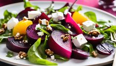 a white plate topped with beets and feta cheese