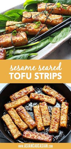 sesame seared tofu strips in a skillet with sauce and green leaves on the side