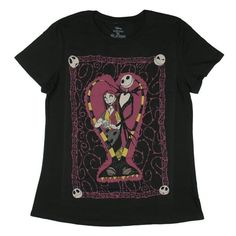 a women's black t - shirt with an image of jack and sally on it