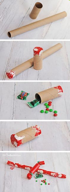 the process to make christmas crackers is shown in three different stages, including rolling them out