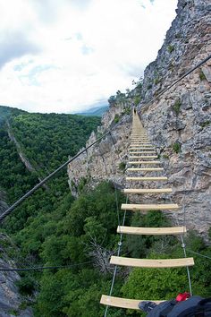 a man walking down a rope bridge over a lush green forest filled valley on top of a cliff