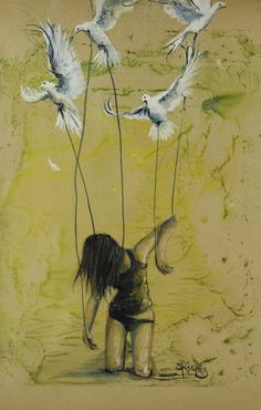 a drawing of a girl with birds on her head and two strings in the air