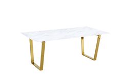 a white marble table with gold legs on a white background, the top is shaped like a rectangle