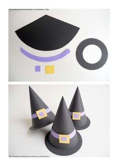 two pictures of witches hats, one with a graduation cap and the other with a circle