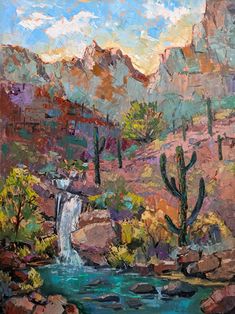 an oil painting of a waterfall in the desert with mountains and cactus trees behind it