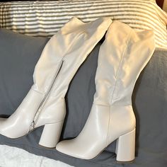 Knee High Tall Boots. Vegan Leather, Comfortable, And Brand New (Worn Inside Once). Ivory, 3 1/2 Inch Heel, Sexy, And Sophisticated. Excellent Condition. You’re Bound To Get Compliments With These Beauties! Cream Knee-high Heeled Boots For Fall, Cream Faux Leather Boots Medium Width, Cream Medium Width Faux Leather Boots, Fitted Cream Synthetic Boots, Trendy Cream Heeled Boots For Spring, Spring Wide Calf Cream Boots, Spring Cream Wide Calf Boots, Cream Medium Width Heeled Boots For Spring, Elegant Beige Synthetic Boots