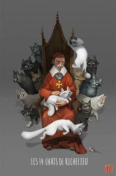 a man sitting on top of a chair surrounded by lots of cats and kittens