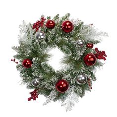 a christmas wreath with red and silver ornaments