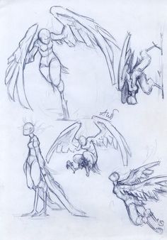 three sketches of people in different poses, one with wings and the other with legs spread out