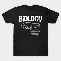 a black t - shirt with the words biology written in white on it and an image of