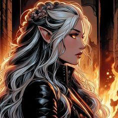 a woman with long white hair standing in front of a fire and flames behind her