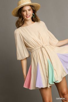 Flutter Hem Dress with Criss Cross Front & 3/4 Balloon Sleeves, Featured Waist Braided Belt Measurements: Bust: small 36", medium 38", large 40" Length: small 33", medium 33.5", large 34" 4 Balloon, Braided Belt, Hem Dress, Balloon Sleeves, Criss Cross, Oatmeal, Braids, Plaits