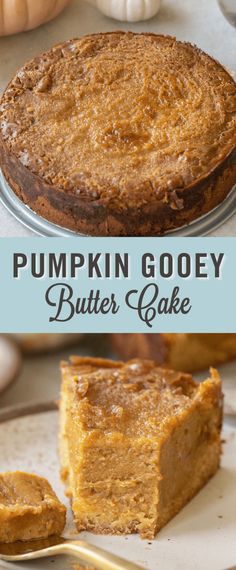 pumpkin gooey butter cake on a plate with the words, pumpkin gooey butter cake