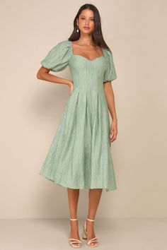 Sage Textured Dress - Puff Sleeve Midi Dress - Pleated Dress - Lulus