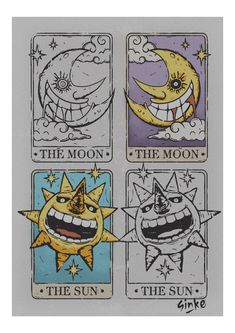 four different tarot cards with the sun, moon and stars on them in various colors