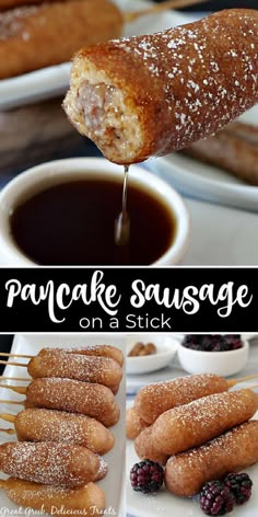 pancake sausage on a stick is being dipped with sugar and served with berries, blueberries, and coffee