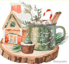 a watercolor painting of a christmas scene with a mug, cupcake and candy cane