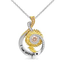 Sunflower Necklace For Women With I Am Enough Engraving Two Tone-VANCARO Engraved Cubic Zirconia Jewelry For Anniversary, Metal Pendant Jewelry For Mother's Day, Mother's Day Pendant Clavicle Chain, Mother's Day Pendant Clavicle Chain Jewelry, Mother’s Day Clavicle Chain Pendant Jewelry, Clavicle Pendant Necklace For Mother's Day, Metal Necklace For Mother's Day Anniversary, Tarnish Resistant Pendant Jewelry For Mother's Day, Clavicle Pendant Chain For Mother's Day