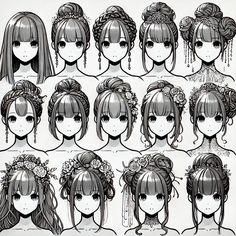 various hairstyles for girls with long hair and flowers in their hair, all drawn up