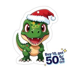 a sticker with an image of a dinosaur wearing a santa hat