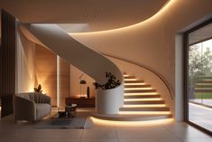 a living room filled with furniture and a spiral staircase next to a large glass door