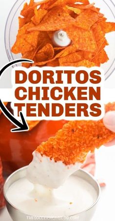 a person dipping tortilla chips into a bowl with ranch dressing in it and text overlay reading doritos chicken tenders