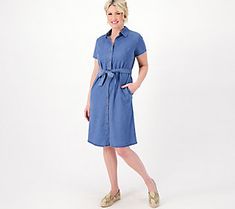 Enjoy the polished style of your favorite button-up in a more laid-back look when you slip into this swing shirt dress. From Denim & Co.® Fashions. Trendy Relaxed Fit Shirt Dress For Daywear, Spring Button-up Dress With Rolled Sleeves, Spring Relaxed Fit Shirt Dress For Daywear, Casual Relaxed Fit Shirt Dress For Spring, Chic Relaxed Fit Denim Dress With Button Closure, Casual Relaxed Fit Shirt Dress, Spring Dresses With Rolled Sleeves And Button-up, Spring Shirt Dress With Placket, Collared Denim Dress For Summer Workwear