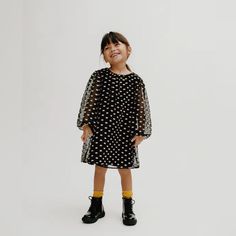 Dress With Round Neck And Long Sleeves. Buttoned Back Teardrop Closure. Contrast Dotted Mesh Motif. Size 4-5 Years. New With Tags Smoke And Pet Free Home Playful Polka Dot Dress For Dress-up, Playful Polka Dot Dress For Dress-up Occasions, Playful Polka Dot Dress, Cute Zara Dresses For Fall, Black Mesh Dress, Round Neck Dresses, Zara United States, Zara Black, Mesh Dress