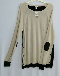 NWT J.CREW Beige & Black Supersoft Wool Blend Elbow-Patch Sweater Size M. Bust is 37" lying flat without stretch and rear center length is 26.5". 37% viscose, 35% nylon and 28% wool. Long sleeves have ribbed cuffs. 3.75" ribbing at hem. Six buttons at front bottom. Beige front is 2" shorter than black rear.  New with tags. Patch Sweater, Elbow Patch Sweater, Elbow Patch, Front Bottoms, Elbow Patches, Sweater Outfits, Sweater Sizes, Wool Blend, J Crew