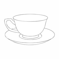 a cup and saucer sitting on top of a white plate with a black outline