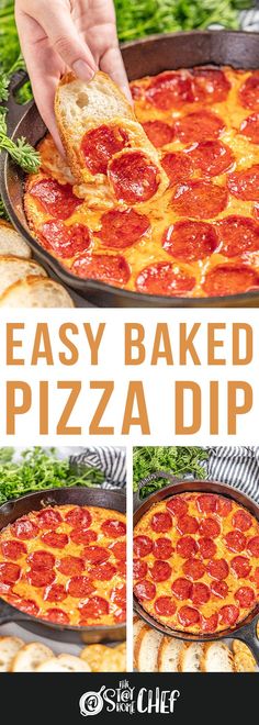 the easy baked pizza dip recipe is ready to be eaten and put in the oven