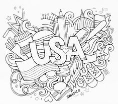 the word usa surrounded by doodles and lettering