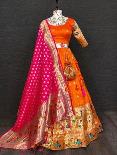 Orange Traditional Indian Paithani Lehenga Choli for Wedding with Batwa and Dupatta, Item code: KTLNB2015O, Price: 68.99 USD, Fabric: Jacquard, Color: Orange, Occasion : Wedding, Festival, Stitching: Custom Stitch, Semi Stitched, Gender: Women. New Lehenga Choli, Lehenga For Girls, New Lehenga, Orange Lehenga