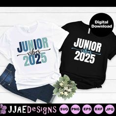 two t - shirts with the words junior and junior on them, next to each other