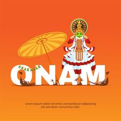 an orange background with the word onam written in large letters and a person dressed as a clown