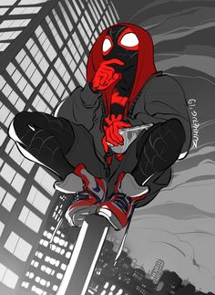 a drawing of a spider - man sitting on top of a building in the city