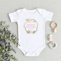 ** Quick Sizing Tip ** Baby ONESIES® Brand Bodysuits tend to run very small so we recommend sizing up for a better fit and to give baby longer wear time because they grow so fast. Toddler shirts are true to size. 📋 HOW TO ORDER: ✧ Choose Baby ONESIES® Brand Bodysuit or shirt size (sizing chart below) and sleeve length ✧ Select design color if applicable ✧ For personalized designs - enter customization in "Add your personalization" field ✧ ADD TO CART ✧ Select from our shipping class options (al White Short Sleeve Onesie For Baptism, Fitted White Onesie For Baptism, White Fitted Onesie For Baptism, Personalized Fitted Onesie For Baptism, Name Girl, Christening Outfit, Baptism Gifts, Gender Neutral Baby