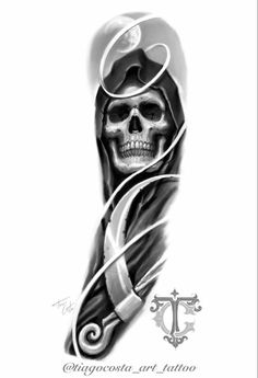 a black and white drawing of a skull with a knife in it's hand