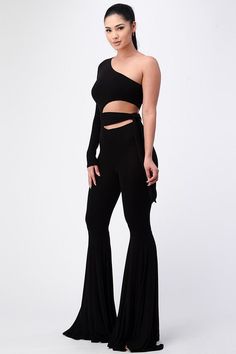 Stretchy One- shoulder Bell Bottom Jumpsuit Fitted Off-shoulder Black Romper, Black Stretch Off-shoulder Jumpsuits And Rompers, Black One-shoulder Bodysuit For Party, Black Stretch One-shoulder Bodysuit, Black Off-shoulder Stretch Bodysuit, Black Stretch Off-shoulder Bodysuit, Bell Bottom Jumpsuits, Jumpsuit Party, Bell Bottoms