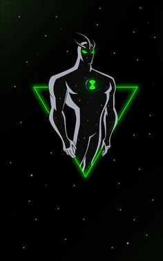 a man standing in the middle of a triangle with green light on his face and chest