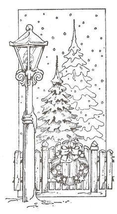 a drawing of a christmas tree in front of a street light