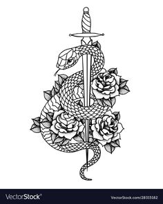 a dagger and roses tattoo design