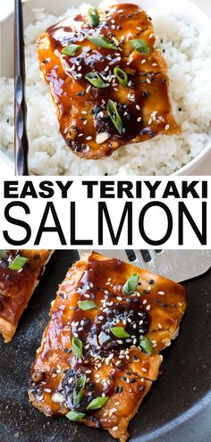 easy teriyaki salmon with sesame seeds on top and white rice in the bottom