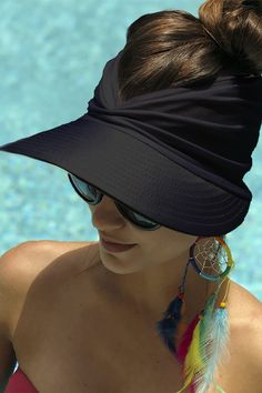 Black Empty Top Pleated Beach Sun Hat Black Summer Hat For Outdoor, Black Summer Hat For Outdoor Use, Solid Sun Hat For Pool And Beach Season, Solid Color Sun Hat For Pool And Beach Season, Summer Visor Bucket Hat For Beach Season, Trendy Visor Bucket Hat For Vacation, Black Hat For Outdoor Summer Activities, Uv Protection Sun Hat For Vacation, Brimmed Sun Hat With Uv Protection For Beachwear