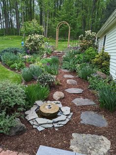 a garden with rocks and plants around it