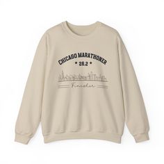 Chicago Marathoner Sweatshirt with city skyline to celebrate all 26.2 miles of effort. A great gift sweater for runners who have graduated to marathoners. From long training run to the medal final race day. You did it ! Unisex sizing and a great gift for a mom or dad who runs. *For the oversized look go up in sizing to suit your taste. Ideal for any situation, a unisex heavy blend crewneck sweatshirt is pure comfort. These garments are made from polyester and cotton. This combination helps designs come out looking fresh and beautiful. The collar is ribbed knit, so it retains its shape even after washing. There are no itchy side seams on these sweaters.  .: 50% cotton, 50% polyester .: Medium-heavy fabric (8.0 oz/yd² (271.25 g/m .: Loose fit .: Sewn-in label .: Runs true to size Thank you f Emily Reynolds, Chicago Sweatshirt, Run Shirt, Hubby Love, Gifts For Runners, Long Train, Sweater Gift, Race Day, City Skyline